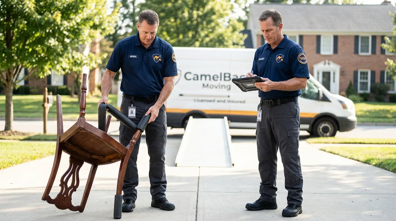 Movers inspecting furniture for damage prevention before loading in Wawarsing, NY